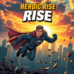 A dynamic superhero in action, mid-flight against a vibrant city skyline, muscles rippling, wearing a sleek, modern suit with a bold emblem on the chest