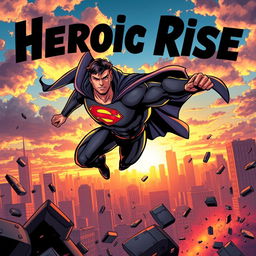 A dynamic superhero in action, mid-flight against a vibrant city skyline, muscles rippling, wearing a sleek, modern suit with a bold emblem on the chest