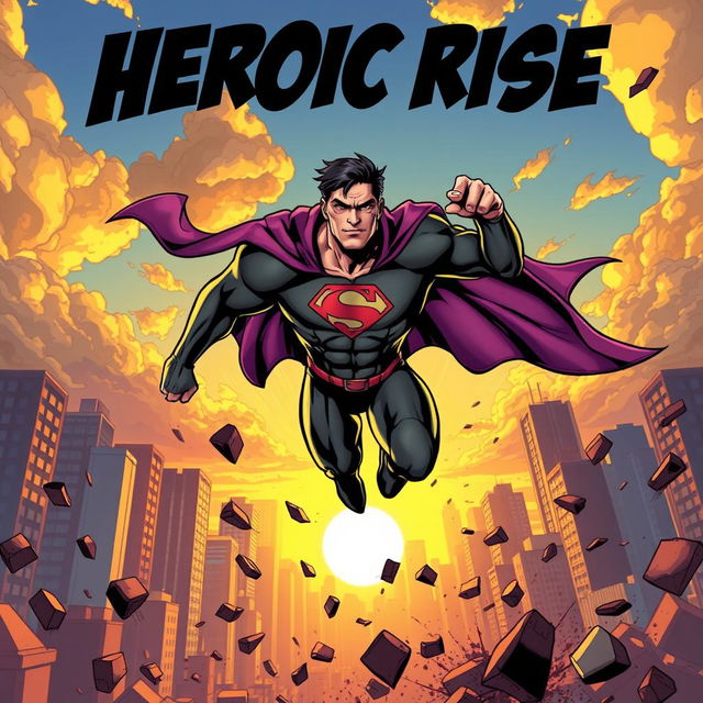 A dynamic superhero in action, mid-flight against a vibrant city skyline, muscles rippling, wearing a sleek, modern suit with a bold emblem on the chest