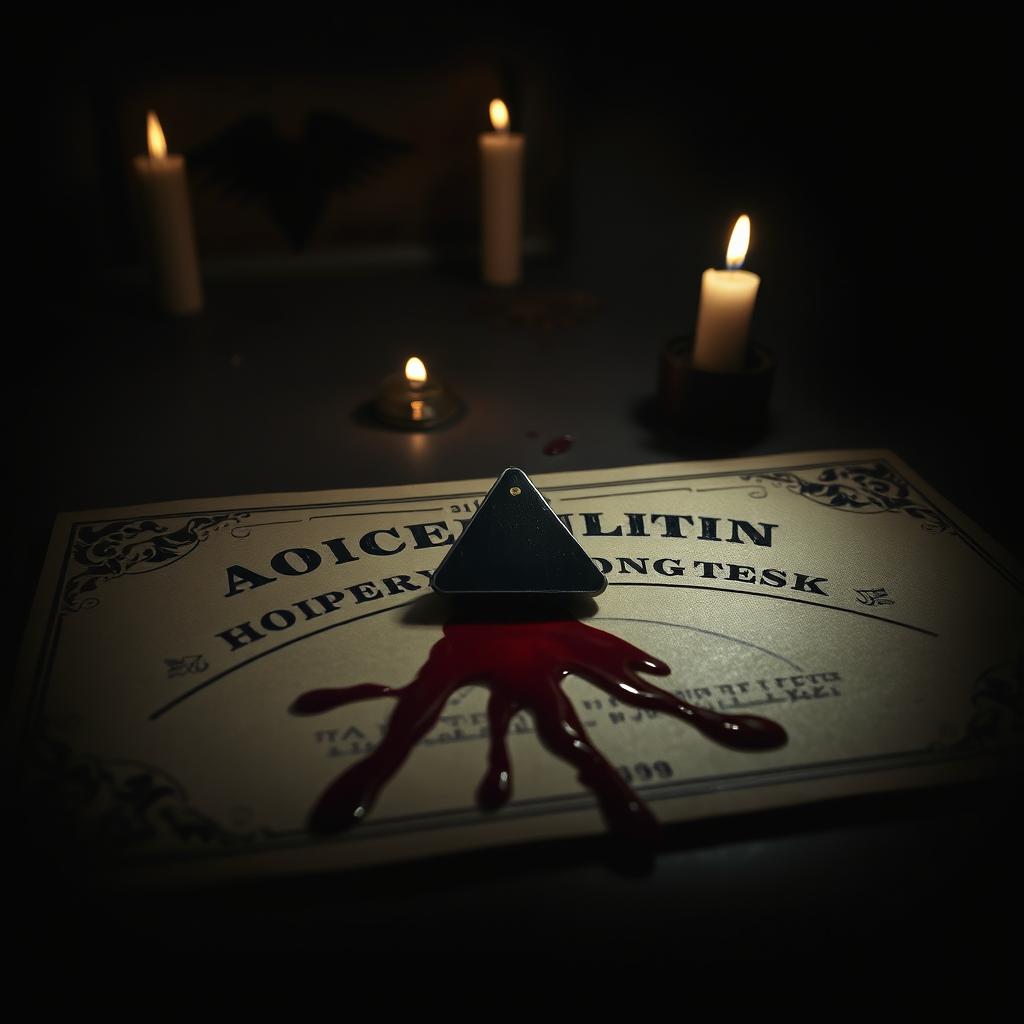 A dark and eerie setting featuring a Ouija board with a triangular planchette resting on it