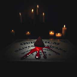 A dark and eerie setting featuring a Ouija board with a triangular planchette resting on it