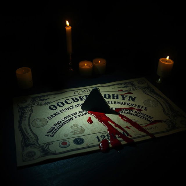 A dark and eerie setting featuring a Ouija board with a triangular planchette resting on it