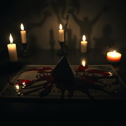 A dark and eerie setting featuring a Ouija board with a triangular planchette resting on it