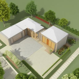 A 3d architectural plan of a 60'x40' property with the main entrance facing east.