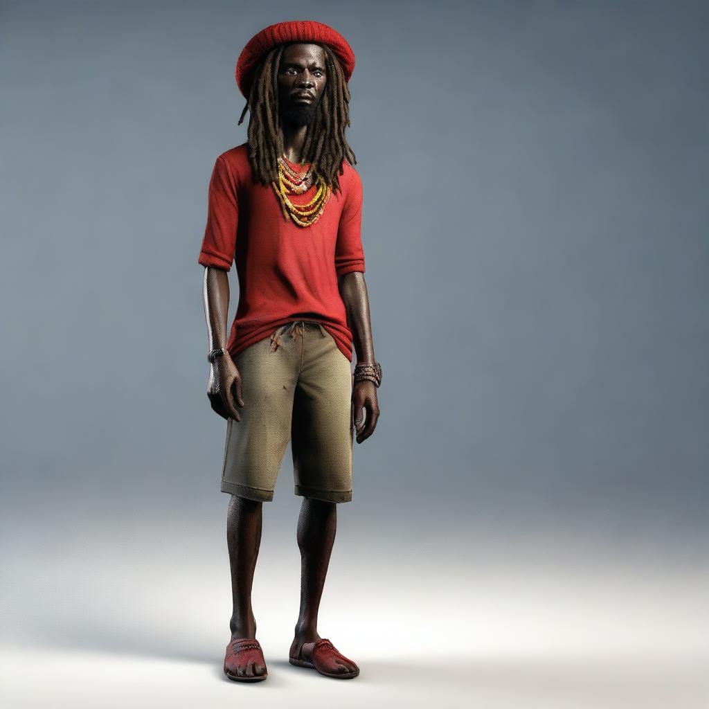 This is a high-quality 3D render of a dark-skinned, skinny Jamaican Rastafarian