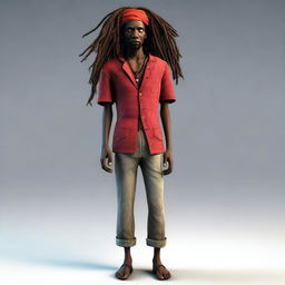 This is a high-quality 3D render of a dark-skinned, skinny Jamaican Rastafarian