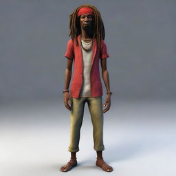 This is a high-quality 3D render of a dark-skinned, skinny Jamaican Rastafarian