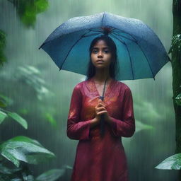 A 4K digital art image capturing a day-time scene in a vast jungle during a rain shower