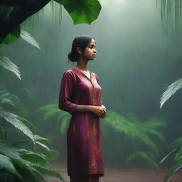 A 4K digital art image capturing a day-time scene in a vast jungle during a rain shower