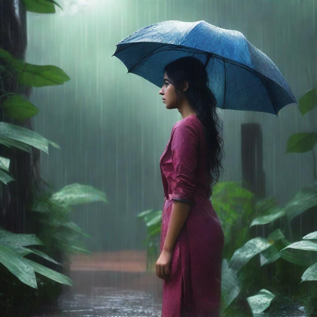 A 4K digital art image capturing a day-time scene in a vast jungle during a rain shower