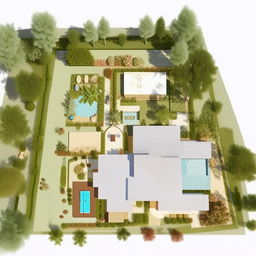 A 3d architectural plan of a 60'x40' property with the main entrance facing east.