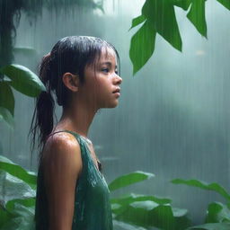 A 4K digital art image depicting a daytime scene in a vast jungle during a rain shower