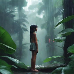 A 4K digital art image depicting a daytime scene in a vast jungle during a rain shower