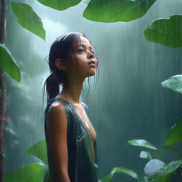 A 4K digital art image depicting a daytime scene in a vast jungle during a rain shower