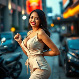 A beautiful Indonesian woman, 26 years old, with strikingly large breasts, dressed in a stylish jumpsuit