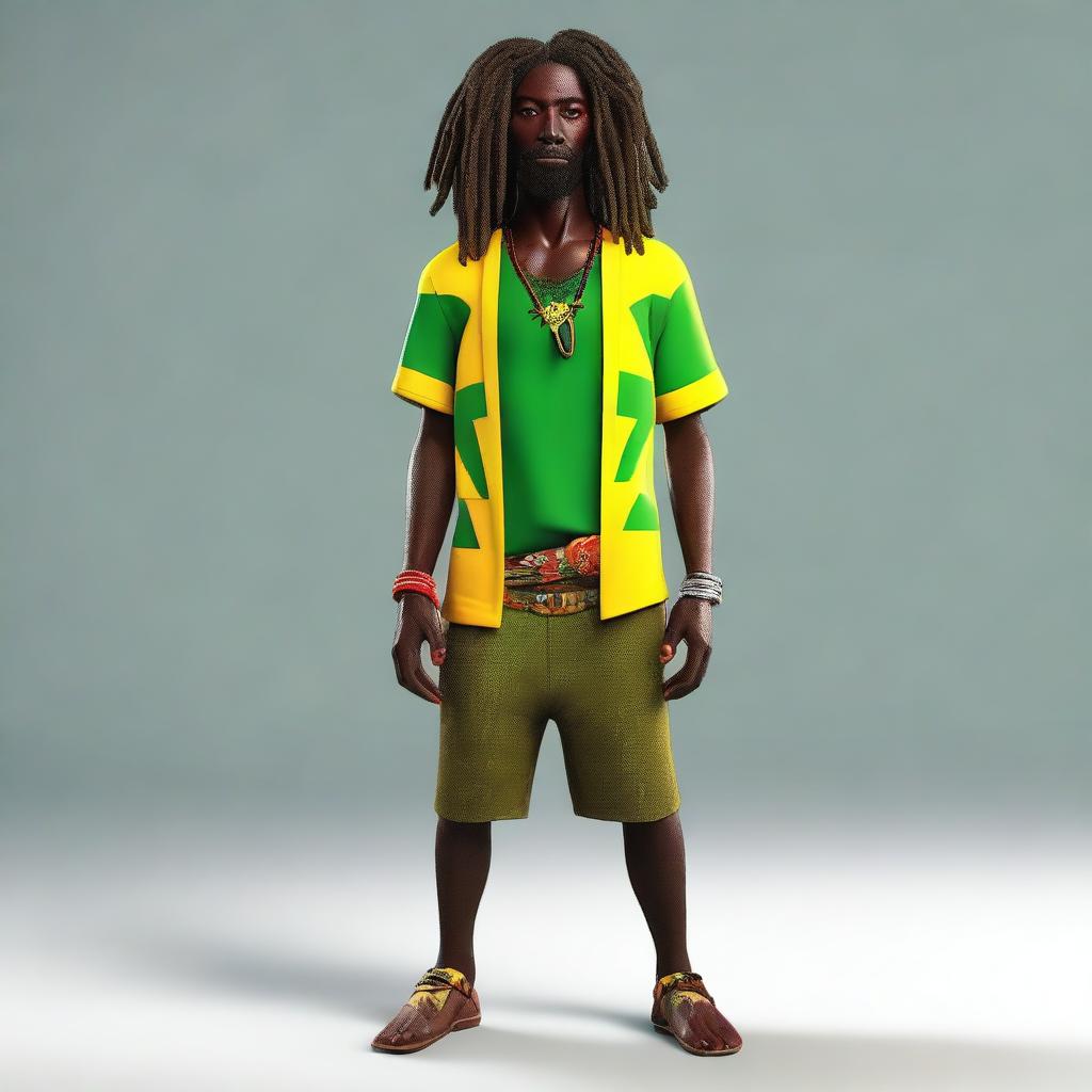 This is a high-quality 3D illustration of a dark-skinned, skinny Jamaican Rastafarian character