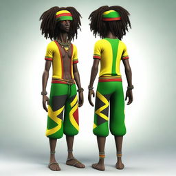 This is a high-quality 3D illustration of a dark-skinned, skinny Jamaican Rastafarian character