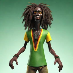 This is a high-quality 3D illustration of a dark-skinned, skinny Jamaican Rastafarian character