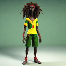 This is a high-quality 3D illustration of a dark-skinned, skinny Jamaican Rastafarian character