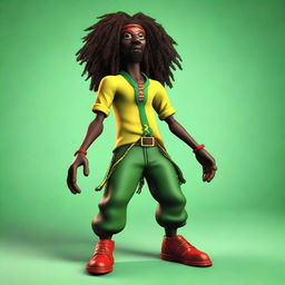 This is a high-quality 3D illustration of a dark-skinned, skinny Jamaican Rastafarian character