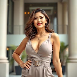 A stunning 26-year-old Indonesian woman, characterized by her voluptuous figure and large breasts, wearing a chic and form-fitting jumpsuit