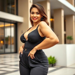 A stunning 26-year-old Indonesian woman, characterized by her voluptuous figure and large breasts, wearing a chic and form-fitting jumpsuit