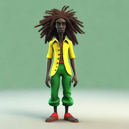 This is a high-quality 3D illustration of a dark-skinned, skinny Jamaican Rastafarian character