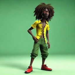 This is a high-quality 3D illustration of a dark-skinned, skinny Jamaican Rastafarian character
