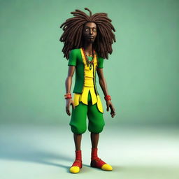 This is a high-quality 3D illustration of a dark-skinned, skinny Jamaican Rastafarian character