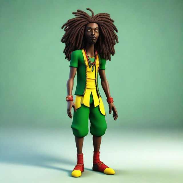 This is a high-quality 3D illustration of a dark-skinned, skinny Jamaican Rastafarian character