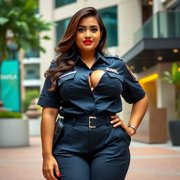 A stunning 26-year-old Indonesian police officer, characterized by her voluptuous figure and large breasts, confidently wearing a tailored jumpsuit that accentuates her curves