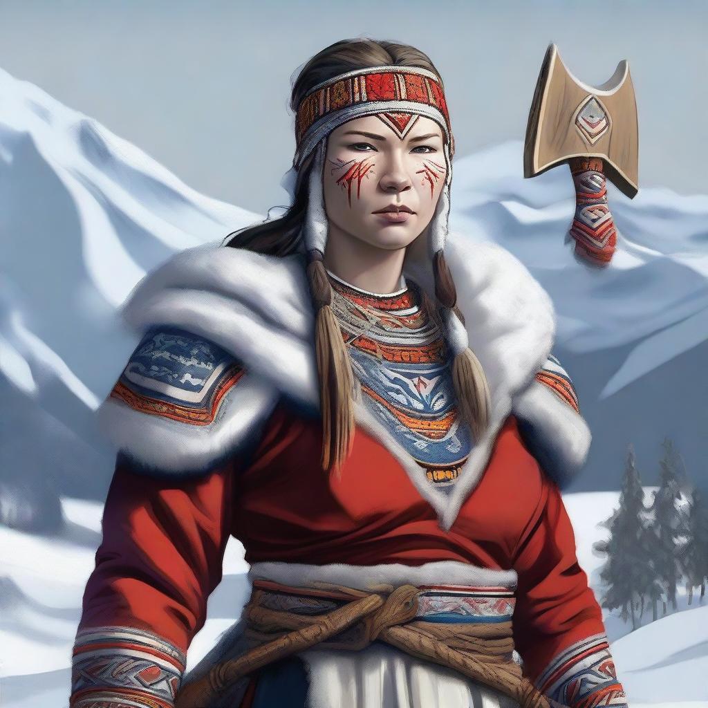 This digital art captures a Lapp Saami warrior woman in high detail