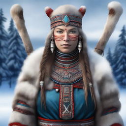 This digital art captures a Lapp Saami warrior woman in high detail