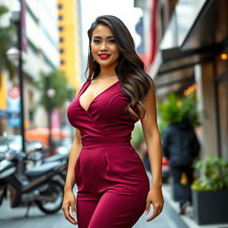 A beautiful Indonesian woman, 26 years old, with notably large breasts, wearing a figure-hugging jumpsuit that flatters her curves