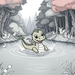 A delightful medieval scene showcasing a cute dragon swimming joyfully in a calm lake surrounded by a vibrant forest