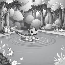 A delightful medieval scene showcasing a cute dragon swimming joyfully in a calm lake surrounded by a vibrant forest