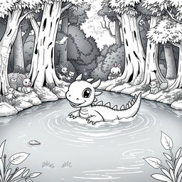 A delightful medieval scene showcasing a cute dragon swimming joyfully in a calm lake surrounded by a vibrant forest