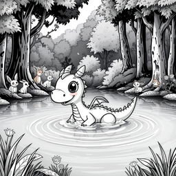 A delightful medieval scene showcasing a cute dragon swimming joyfully in a calm lake surrounded by a vibrant forest