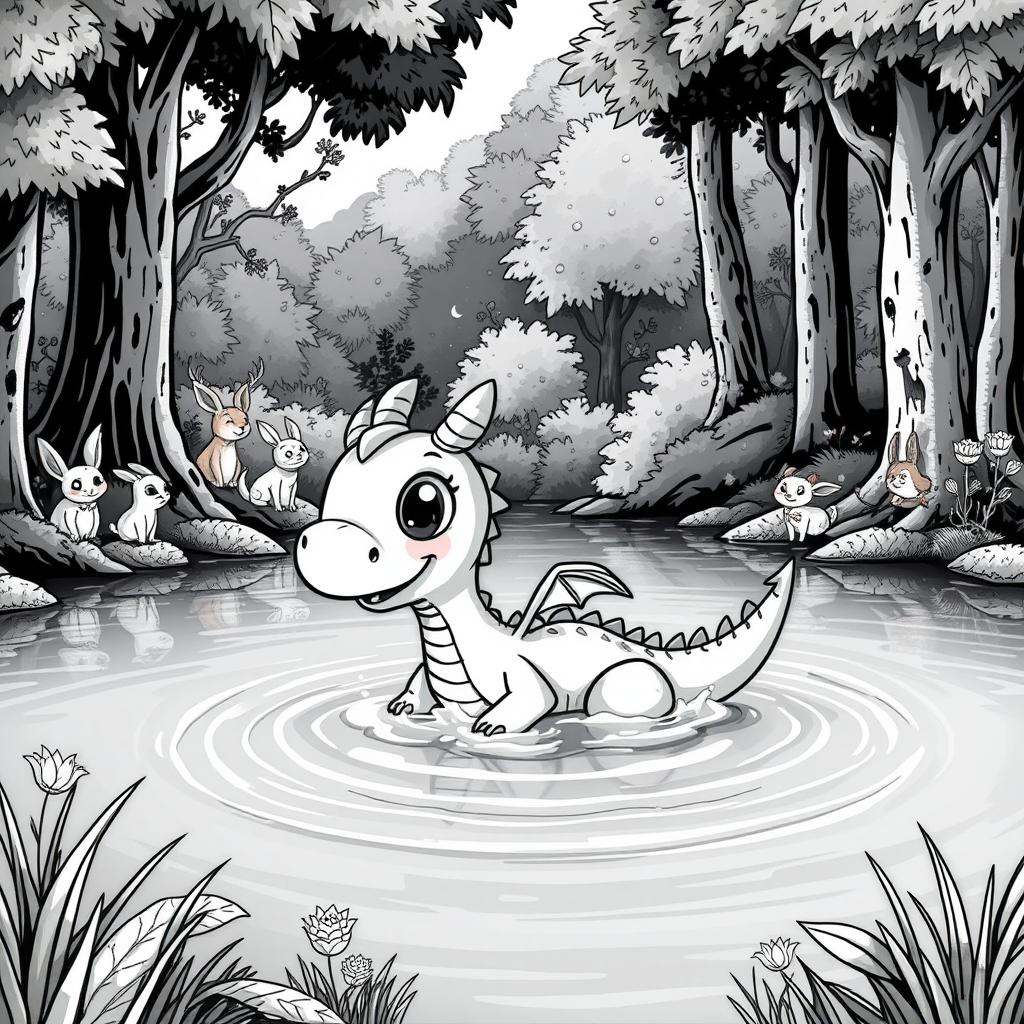 A delightful medieval scene showcasing a cute dragon swimming joyfully in a calm lake surrounded by a vibrant forest