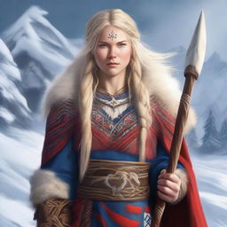 In this high-quality digital art, a stunning Lapp Saami warrior woman is depicted