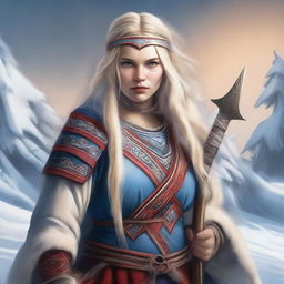 In this high-quality digital art, a stunning Lapp Saami warrior woman is depicted