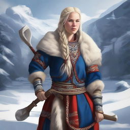 In this high-quality digital art, a stunning Lapp Saami warrior woman is depicted