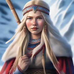 In this high-quality digital art, a stunning Lapp Saami warrior woman is depicted