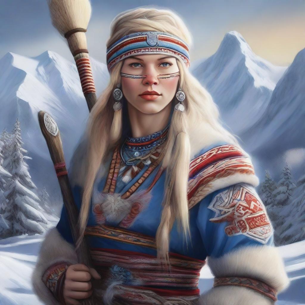 This high-definition digital art showcases a beautiful Lapp Saami warrior woman