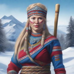 This high-definition digital art showcases a beautiful Lapp Saami warrior woman