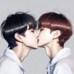 An intimate moment captured between Jungkook and Kim Taehyung, as they share a tender kiss