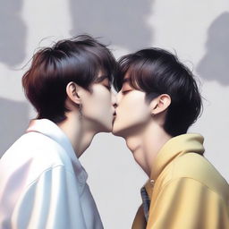 An intimate moment captured between Jungkook and Kim Taehyung, as they share a tender kiss