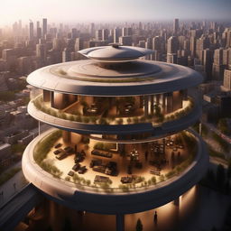 aerial view of futuristic SWAT high-rise headquarters with helipad for in city center in broad daylight based on https://files.dreamhome.software/files/static/36651