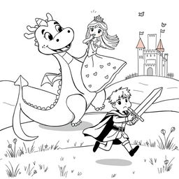 A cute, childish illustration featuring a whimsical dragon playfully lifting a princess in a medieval style setting