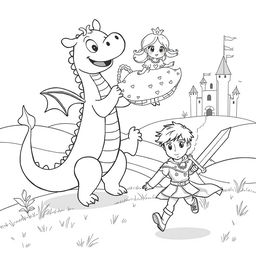 A cute, childish illustration featuring a whimsical dragon playfully lifting a princess in a medieval style setting